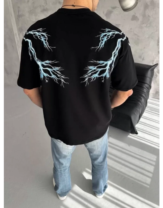 Unisex Bisiklet Yaka Baskılı Oversize T-Shirt - Siyah