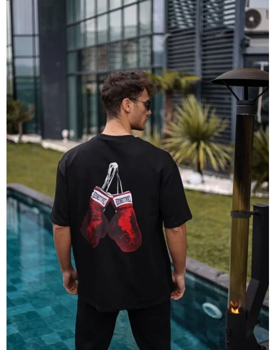 Unisex Bisiklet Yaka Baskılı Oversize T-Shirt - Siyah