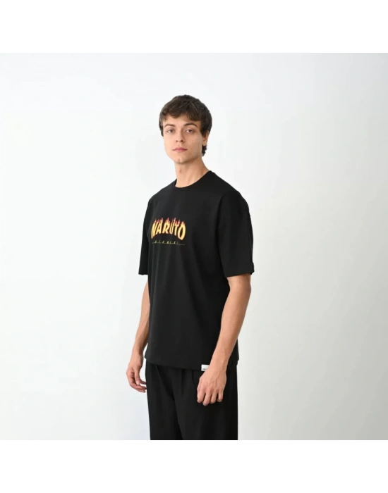 Unisex Bisiklet Yaka Baskılı Oversize T-Shirt - Siyah