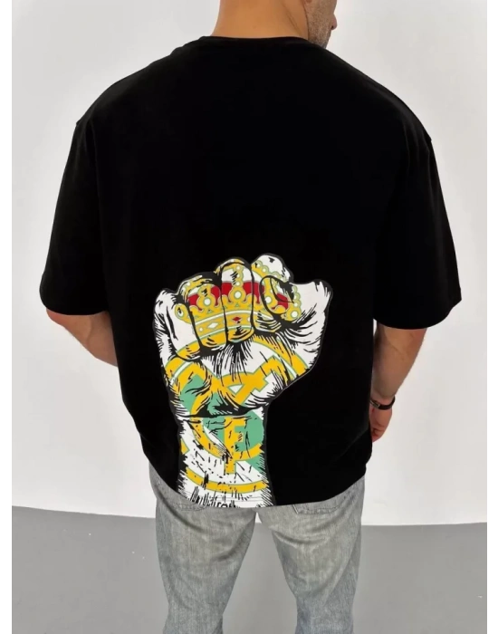 Unisex Bisiklet Yaka Baskılı Oversize T-Shirt - Siyah