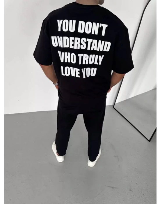 Unisex Bisiklet Yaka Baskılı Oversize T-Shirt - Siyah