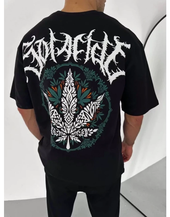 Unisex Bisiklet Yaka Baskılı Oversize T-Shirt - Siyah