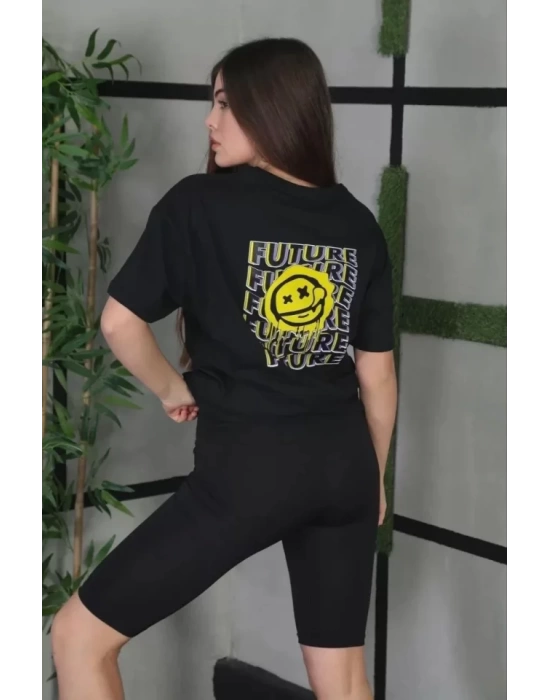 Unisex Bisiklet Yaka Baskılı Oversize T-Shirt - Siyah