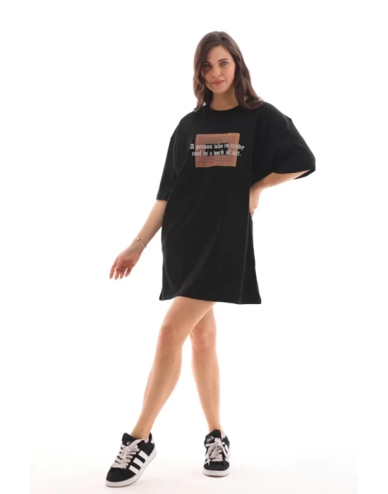 Unisex Bisiklet Yaka Baskılı Oversize T-Shirt - Siyah