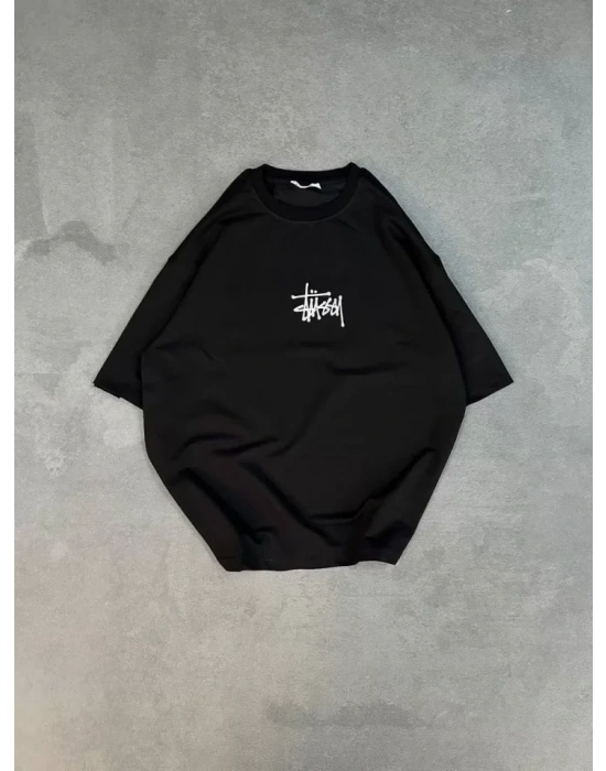 Unisex Bisiklet Yaka Baskılı Oversize T-Shirt - Siyah