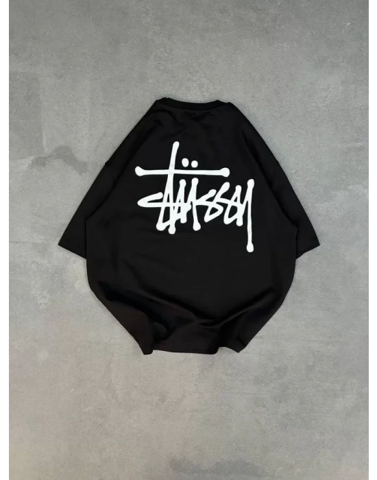 Unisex Bisiklet Yaka Baskılı Oversize T-Shirt - Siyah