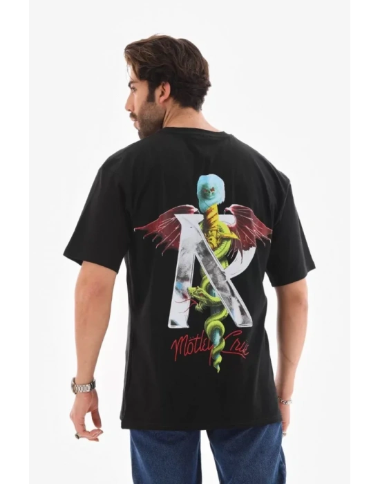 Unisex Bisiklet Yaka Baskılı Oversize T-Shirt - Siyah