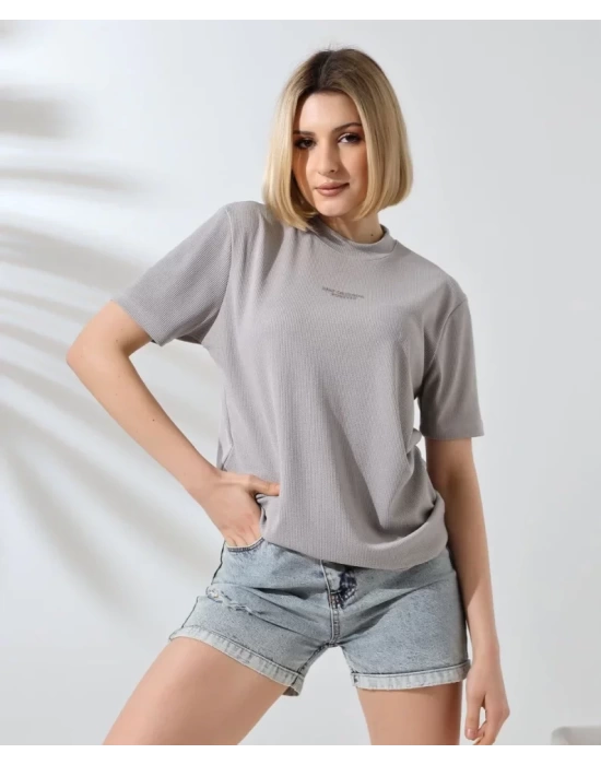 Unisex Bisiklet Yaka Baskılı Slim Fit T-Shirt - Boyalı Gri