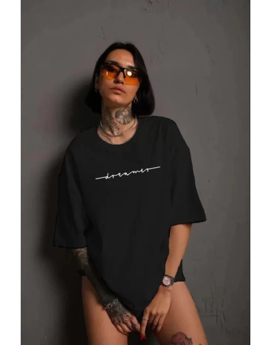 Unisex Bisiklet Yaka Baskılı T-Shirt - Siyah