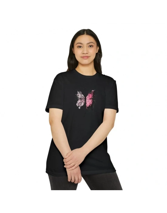 Unisex Bisiklet Yaka Baskılı T-Shirt - Siyah