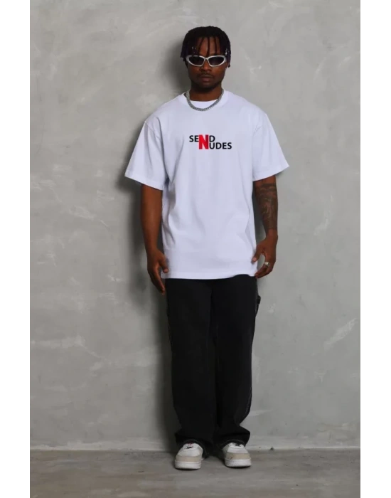 Unisex Bisiklet Yaka Double Oversize Baskılı T-Shirt - Beyaz