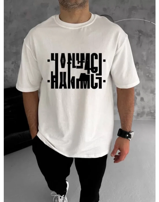 Unisex Bisiklet Yaka Katlanan Baskılı T-Shirt - Beyaz