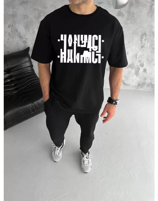 Unisex Bisiklet Yaka Katlanan Baskılı T-Shirt - Siyah