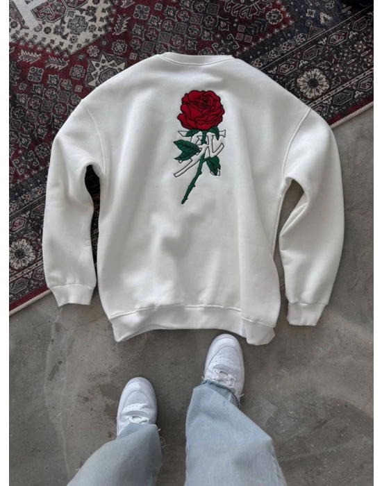 Unisex Bisiklet Yaka Ön Ve Arka Baskılı SweatShirt - Beyaz