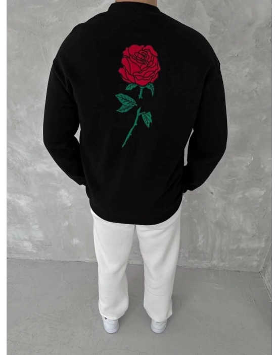 Unisex Bisiklet Yaka Ön Ve Arka Baskılı SweatShirt - Siyah