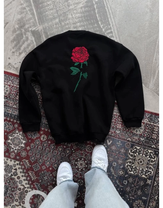 Unisex Bisiklet Yaka Ön Ve Arka Baskılı SweatShirt - Siyah