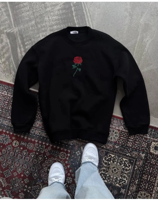 Unisex Bisiklet Yaka Ön Ve Arka Baskılı SweatShirt - Siyah
