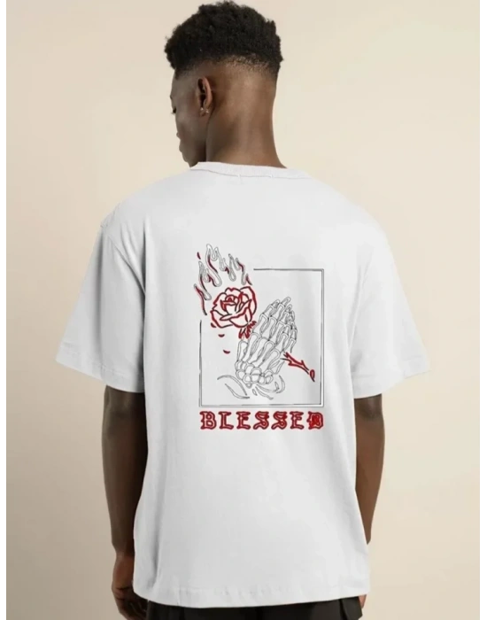 Unisex Bisiklet Yaka Oversize Baskılı T-Shirt - Beyaz