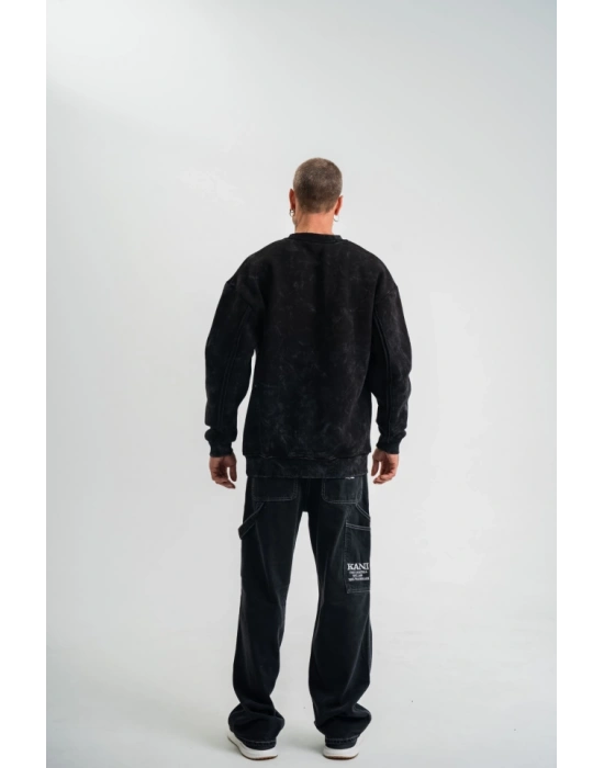 Unisex Bisiklet Yaka Özel Pis Dikişli Yıkamalı SweatShirt - Siyah