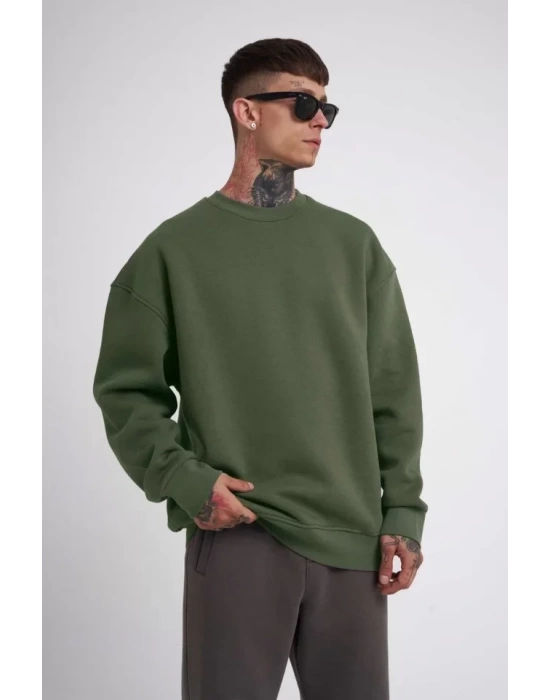 Unisex Biskilet Yaka Üç İplik SweatShirt - Haki