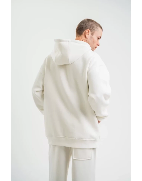 Unisex Double Oversize Kapşonlu Basic SweatShirt - Beyaz