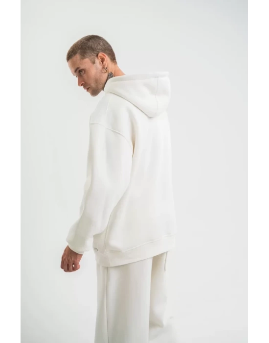 Unisex Double Oversize Kapşonlu Basic SweatShirt - Beyaz