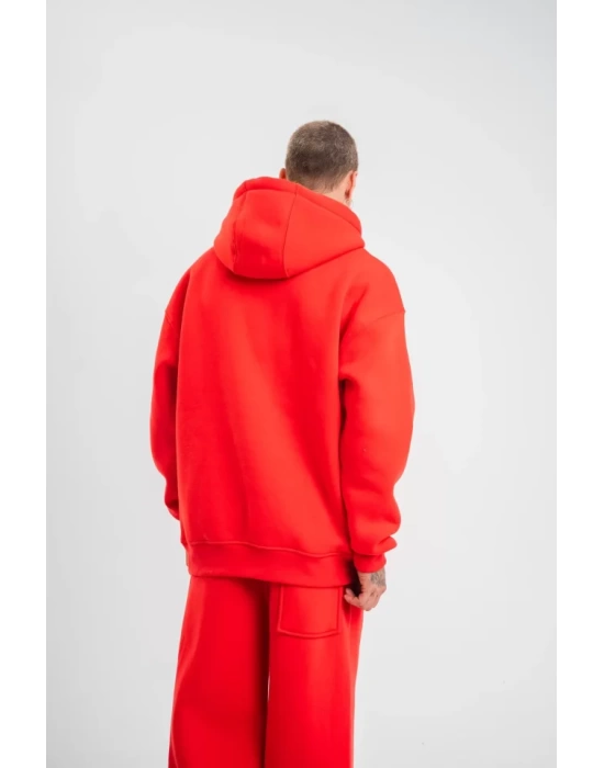 Unisex Double Oversize Kapşonlu Basic SweatShirt - Kırmızı