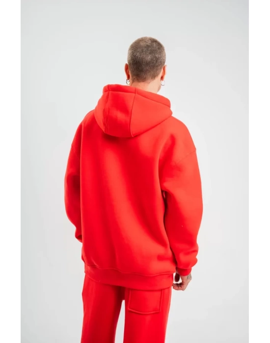 Unisex Double Oversize Kapşonlu Basic SweatShirt - Kırmızı