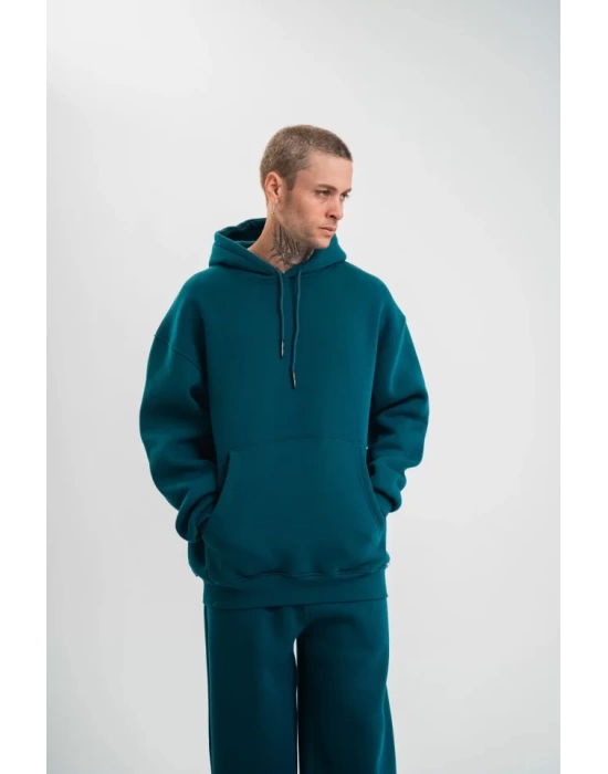 Unisex Double Oversize Kapşonlu Basic SweatShirt - Koyu Deniz Yeşili