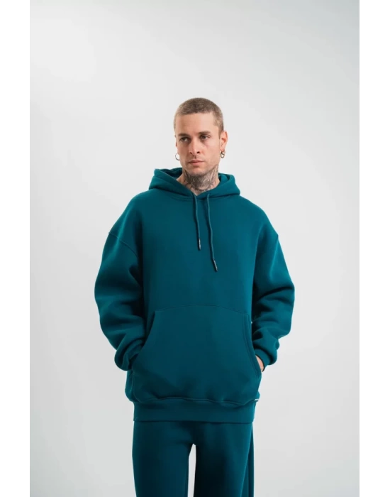 Unisex Double Oversize Kapşonlu Basic SweatShirt - Koyu Deniz Yeşili