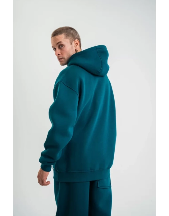 Unisex Double Oversize Kapşonlu Basic SweatShirt - Koyu Deniz Yeşili