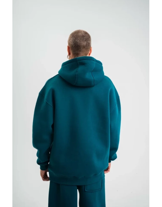 Unisex Double Oversize Kapşonlu Basic SweatShirt - Koyu Deniz Yeşili
