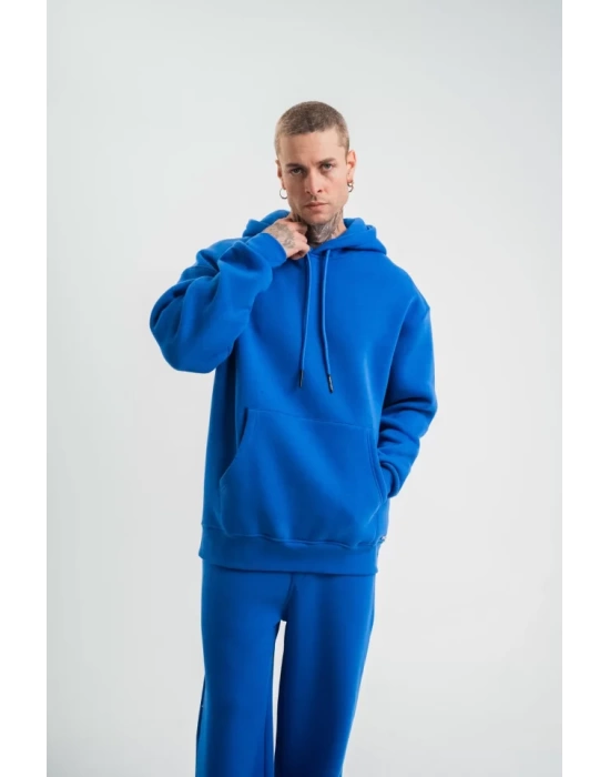 Unisex Double Oversize Kapşonlu Basic SweatShirt - Mavi