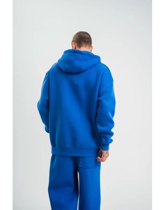 Unisex Double Oversize Kapşonlu Basic SweatShirt - Mavi