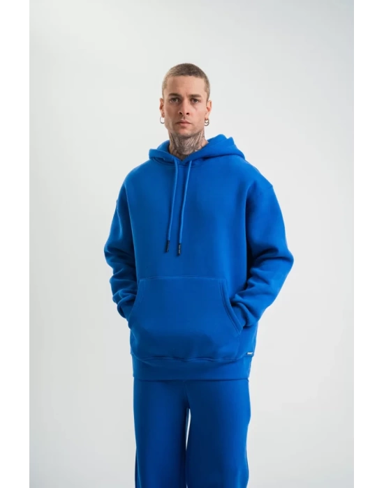 Unisex Double Oversize Kapşonlu Basic SweatShirt - Mavi