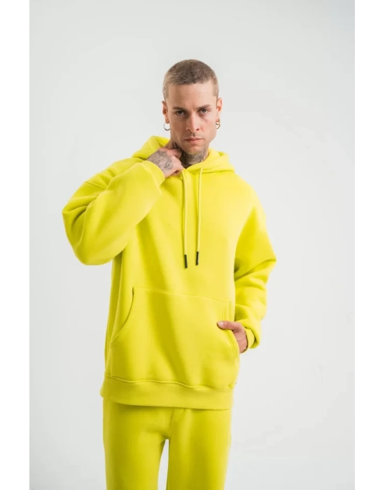Unisex Double Oversize Kapşonlu Basic SweatShirt - Sarı