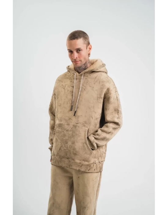 Unisex Double Oversize Kapşonlu Yıkamalı SweatShirt - Bej