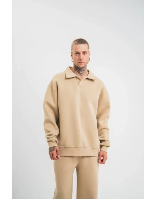 Unisex Double Oversize Patlı Yaka SweatShirt - Bej