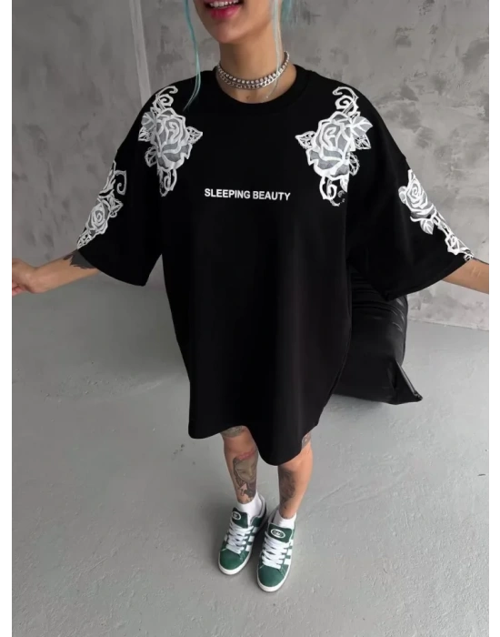 Unisex Flok Kabartma Baskılı T-Shirt - Siyah