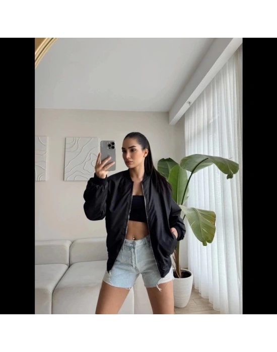 Unisex İçi Astarlı Düz Bomber Ceket - Siyah