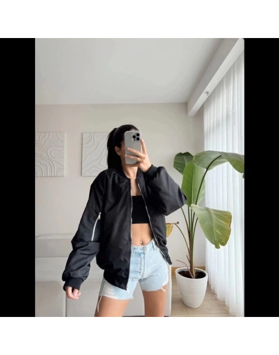 Unisex İçi Astarlı Düz Bomber Ceket - Siyah