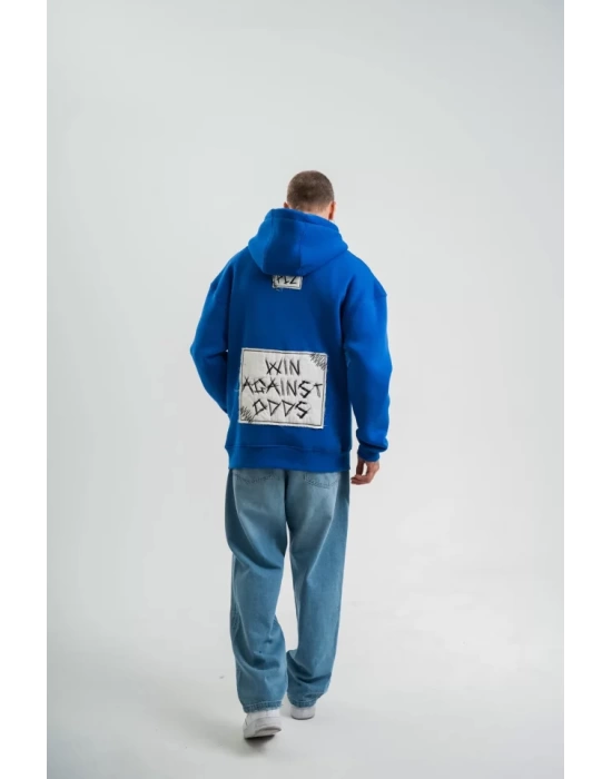 Unisex Kapşonlu Uzun Kol Patchli Nakışlı SweatShirt - Mavi