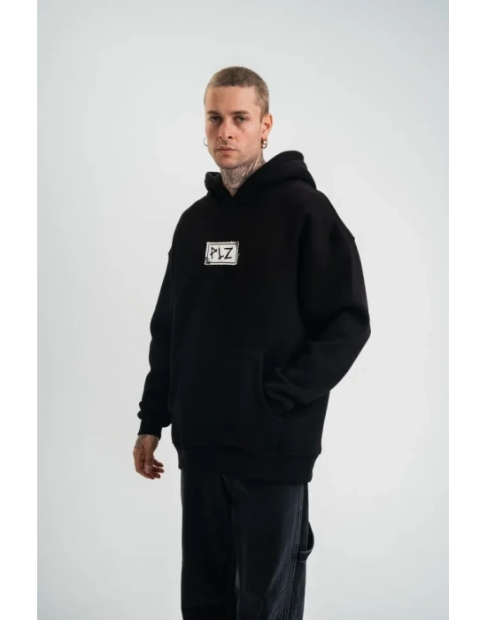 Unisex Kapşonlu Uzun Kol Patchli Nakışlı SweatShirt - Siyah