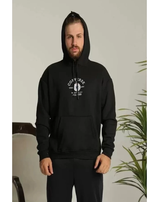 Unisex Kapüşonlu Üç İplik Oversize  Baskılı Sweatshirt - Siyah