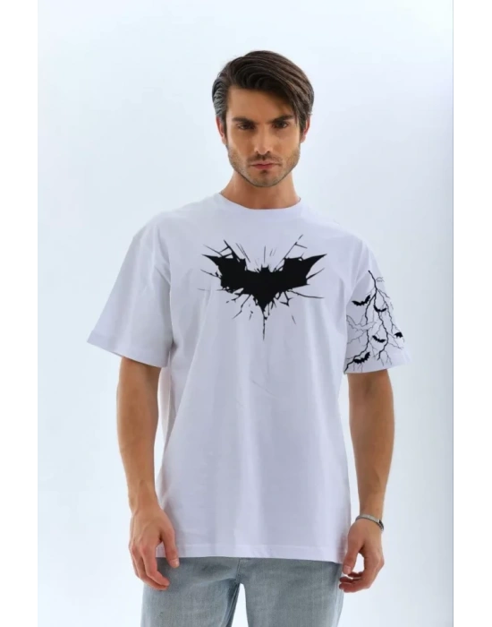 Unisex Ön Ve Kol Baskılı Oversize T-shirt - Beyaz