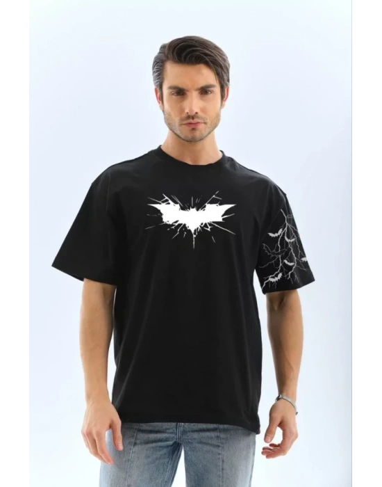 Unisex Ön Ve Kol Baskılı Oversize T-shirt - Siyah