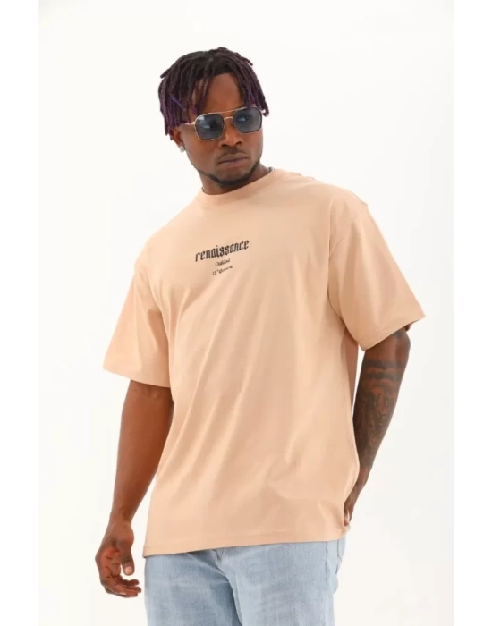 Unisex Oversize Baskılı Bisiklet Yaka T-Shirt - Bej