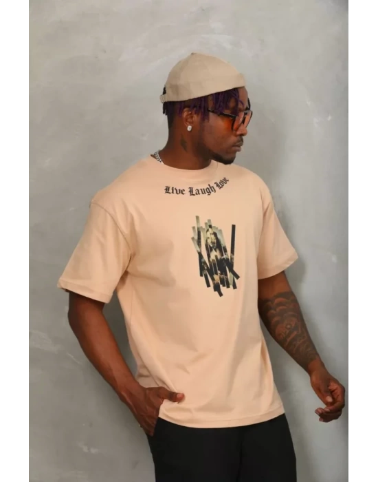 Unisex Oversize Baskılı Bisiklet Yaka T-Shirt - Bej
