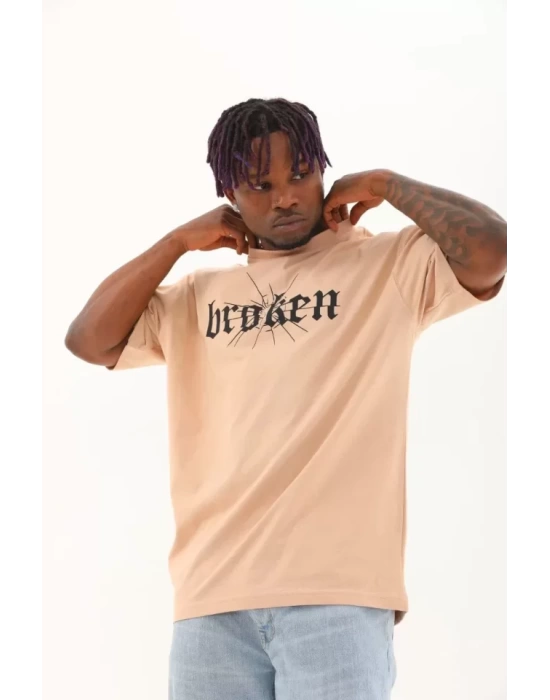 Unisex Oversize Baskılı Bisiklet Yaka T-Shirt - Bej