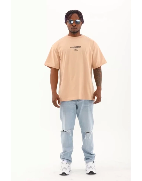 Unisex Oversize Baskılı Bisiklet Yaka T-Shirt - Bej